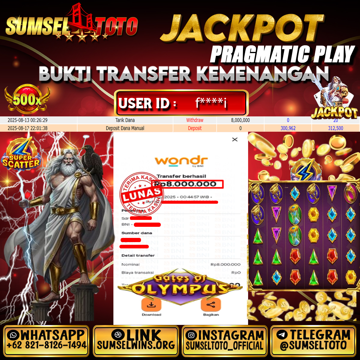 SUMSELTOTO JACKPOT GATES OF OLMPUS Rp.8,000,000.,- LUNAS